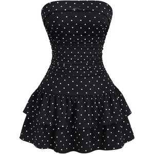 Verdusa Women's Strapless Ruffle Layered Ruched Tube Dress - Black Polka Dot XS